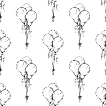 Seamless pattern. Different balloons. Inflatable balls on a string. Vector Stock Illustration