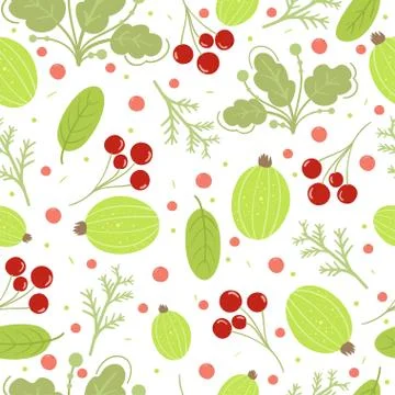 Seamless pattern with different berries. Vector background with summer leaves Stock Illustration
