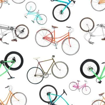 Seamless pattern of different bicycles isolated on a white Foto stock