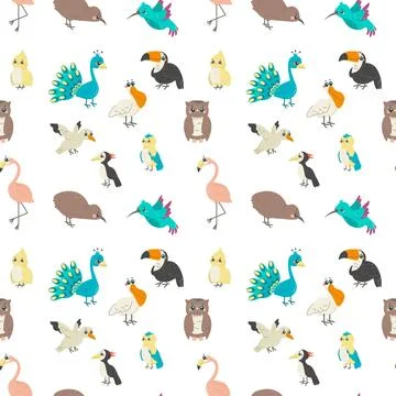 Seamless pattern with different birds, on white background, children's patt.. Stock Illustration