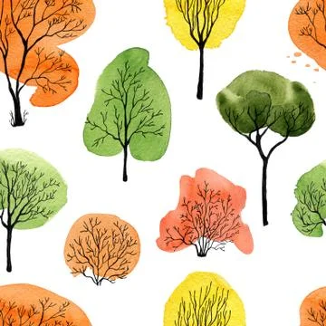 Seamless pattern with different black ink trees with watercolor crowns. Stock Illustration