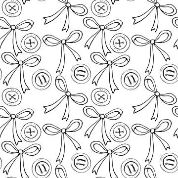 Seamless pattern with different bows, ribbons, clothes buttons. Cute fun simp Illustrazione stock