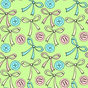 Seamless pattern with different bows, ribbons, clothes buttons. Cute fun colo Illustrazione stock