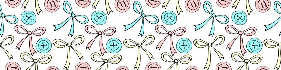 Seamless pattern with different bows, ribbons, clothes buttons. Cute fun colo Stock Illustration