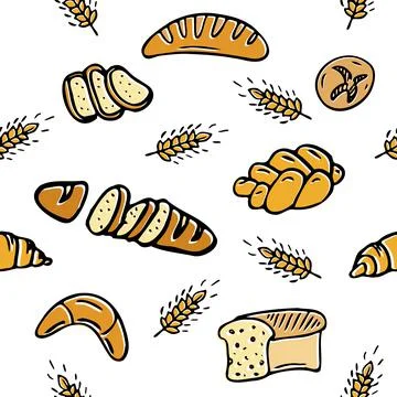 Seamless pattern with different breads and homemade baked products, baguette イラスト素材