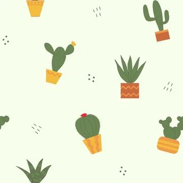 Seamless pattern with different cactus in pots, flat doodle vector Illustrazione stock