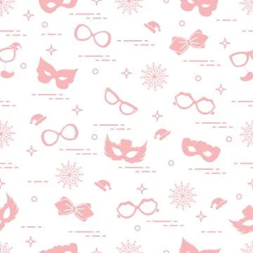 Seamless pattern of different carnival decorations: masks, christmas hats, gl Stock Illustration