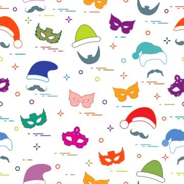 Seamless pattern of different carnival decorations: masks, christmas hats, mu Stock Illustration