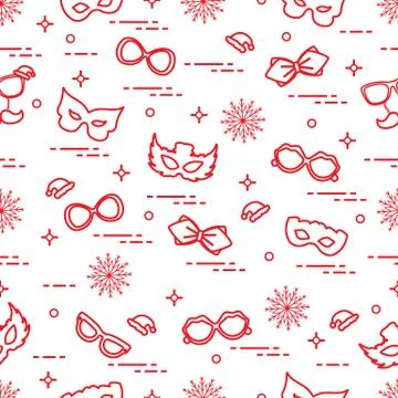 Seamless pattern of different carnival decorations: masks, christmas hats, gl Illustrazione stock