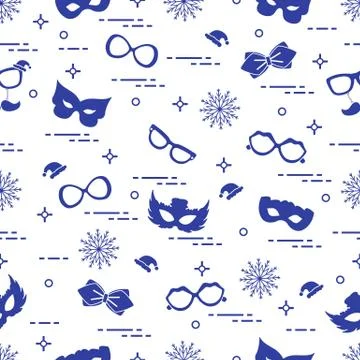 Seamless pattern of different carnival decorations: masks, christmas hats, gl Illustrazione stock
