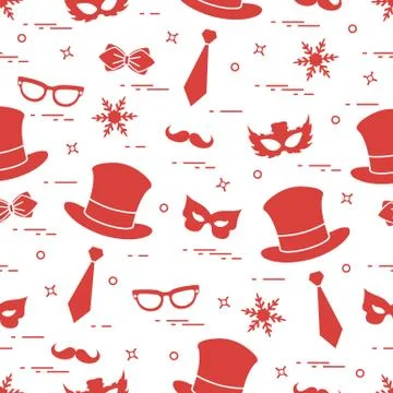 Seamless pattern of different carnival decorations: masks, hats, mustache  an Stock Illustration
