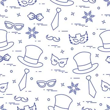 Seamless pattern of different carnival decorations: masks, hats, mustache  an Stock Illustration