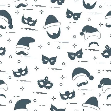 Seamless pattern of different carnival decorations: masks, christmas hats, mu Illustrazione stock