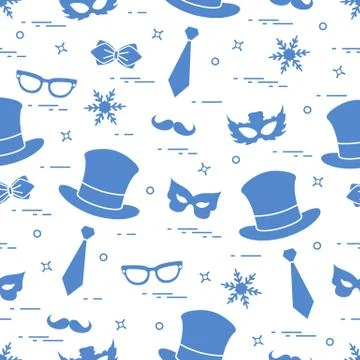 Seamless pattern of different carnival decorations: masks, hats, mustache  an Stock Illustration