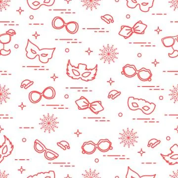 Seamless pattern of different carnival decorations: masks, christmas hats, gl Illustrazione stock