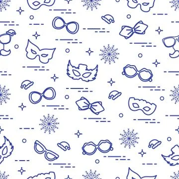 Seamless pattern of different carnival decorations: masks, christmas hats, gl Stock Illustration