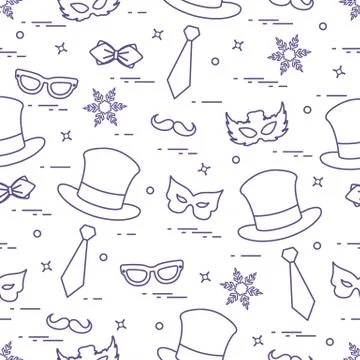 Seamless pattern of different carnival decorations: masks, hats, mustache  an Stock Illustration