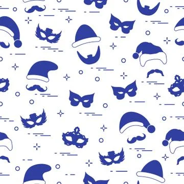 Seamless pattern of different carnival decorations: masks, christmas hats, mu Stock Illustration