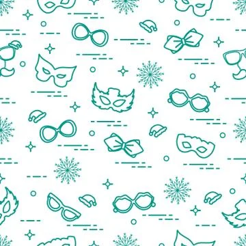 Seamless pattern of different carnival decorations: masks, christmas hats, gl Stock Illustration