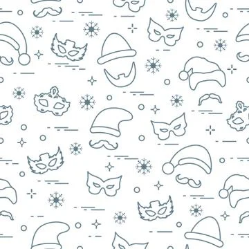 Seamless pattern of different carnival decorations: masks, christmas hats, mu Stock Illustration
