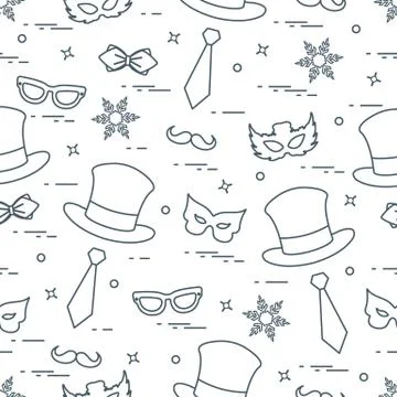 Seamless pattern of different carnival decorations: masks, hats, mustache  an Stock Illustration