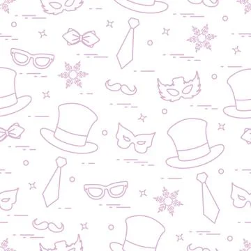 Seamless pattern of different carnival decorations: masks, hats, mustache  an Illustrazione stock