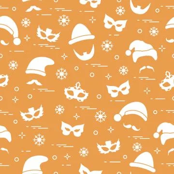 Seamless pattern of different carnival decorations: masks, christmas hats, mu Stock Illustration