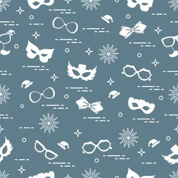 Seamless pattern of different carnival decorations: masks, christmas hats, gl Stock Illustration