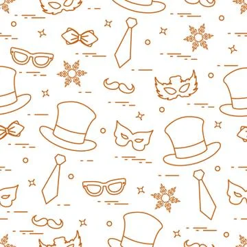 Seamless pattern of different carnival decorations: masks, hats, mustache  an Stock Illustration