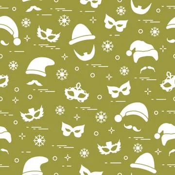 Seamless pattern of different carnival decorations: masks, christmas hats, mu Illustrazione stock
