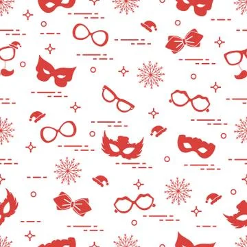 Seamless pattern of different carnival decorations: masks, christmas hats, gl Illustrazione stock