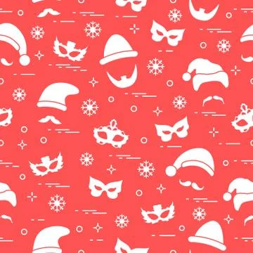 Seamless pattern of different carnival decorations: masks, christmas hats, mu Stock Illustration