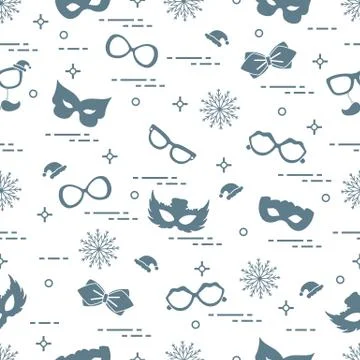 Seamless pattern of different carnival decorations: masks, christmas hats, gl Illustrazione stock