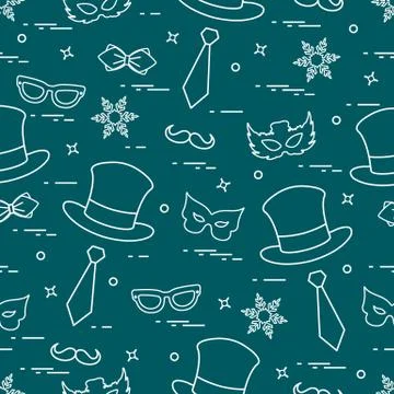 Seamless pattern of different carnival decorations: masks, hats, mustache  an Stock Illustration
