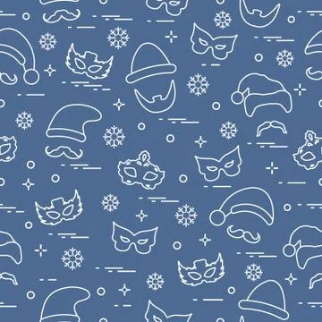 Seamless pattern of different carnival decorations: masks, christmas hats, mu Illustrazione stock