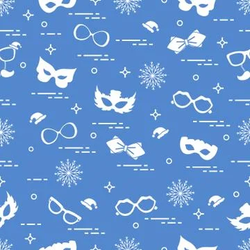 Seamless pattern of different carnival decorations: masks, christmas hats, gl Stock Illustration