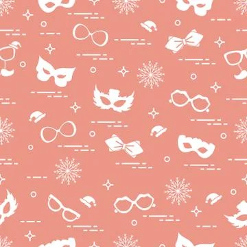 Seamless pattern of different carnival decorations: masks, christmas hats, gl Stock Illustration