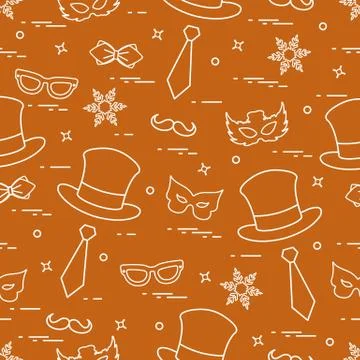 Seamless pattern of different carnival decorations: masks, hats, mustache  an Stock Illustration