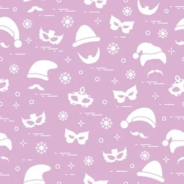 Seamless pattern of different carnival decorations: masks, christmas hats, mu Illustrazione stock