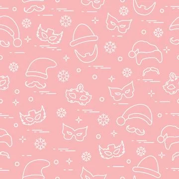 Seamless pattern of different carnival decorations: masks, christmas hats, mu Stock Illustration