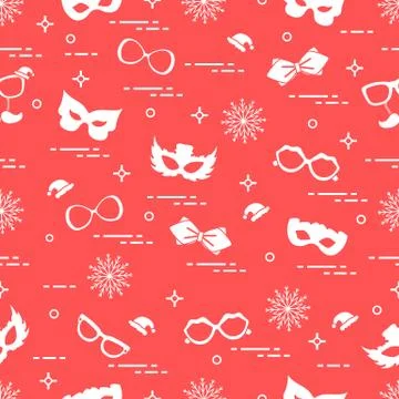 Seamless pattern of different carnival decorations: masks, christmas hats, gl Illustrazione stock