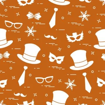 Seamless pattern of different carnival decorations: masks, hats, mustache  an Stock Illustration