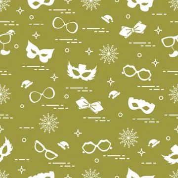 Seamless pattern of different carnival decorations: masks, christmas hats, gl Illustrazione stock