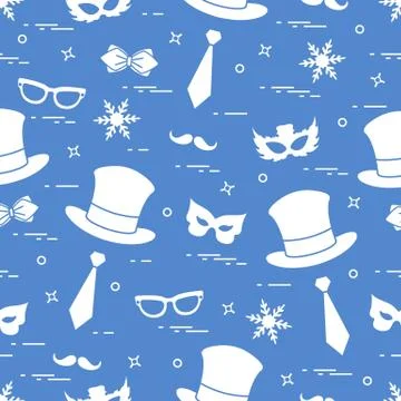 Seamless pattern of different carnival decorations: masks, hats, mustache  an Stock Illustration