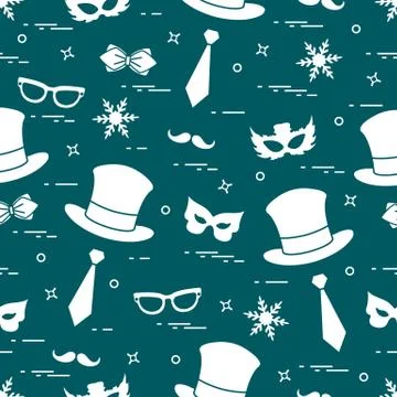 Seamless pattern of different carnival decorations: masks, hats, mustache  an Stock Illustration