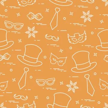 Seamless pattern of different carnival decorations: masks, hats, mustache  an Stock Illustration