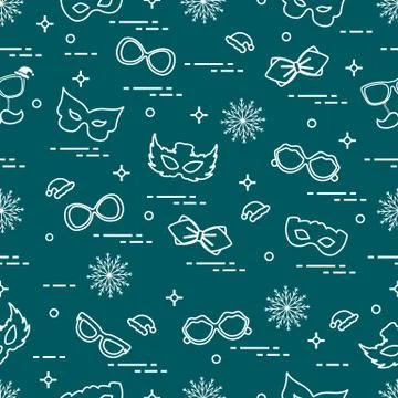 Seamless pattern of different carnival decorations: masks, christmas hats, gl Stock Illustration