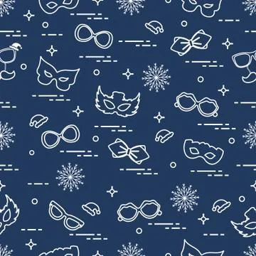 Seamless pattern of different carnival decorations: masks, christmas hats, gl Illustrazione stock
