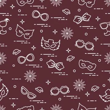 Seamless pattern of different carnival decorations: masks, christmas hats, gl Stock Illustration