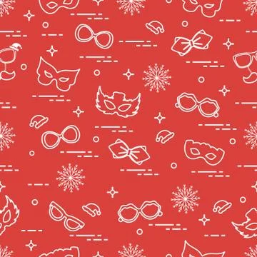 Seamless pattern of different carnival decorations: masks, christmas hats, gl Illustrazione stock